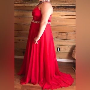 Red prom dress halter top with diamonds.
